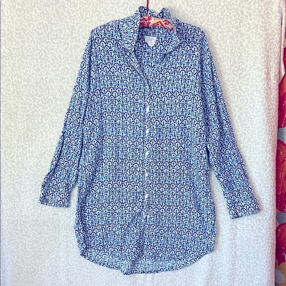 Sigrid Olsen Pure Linen Button up  Blue & White Long Sleeve Men Shirt Sz.XL
